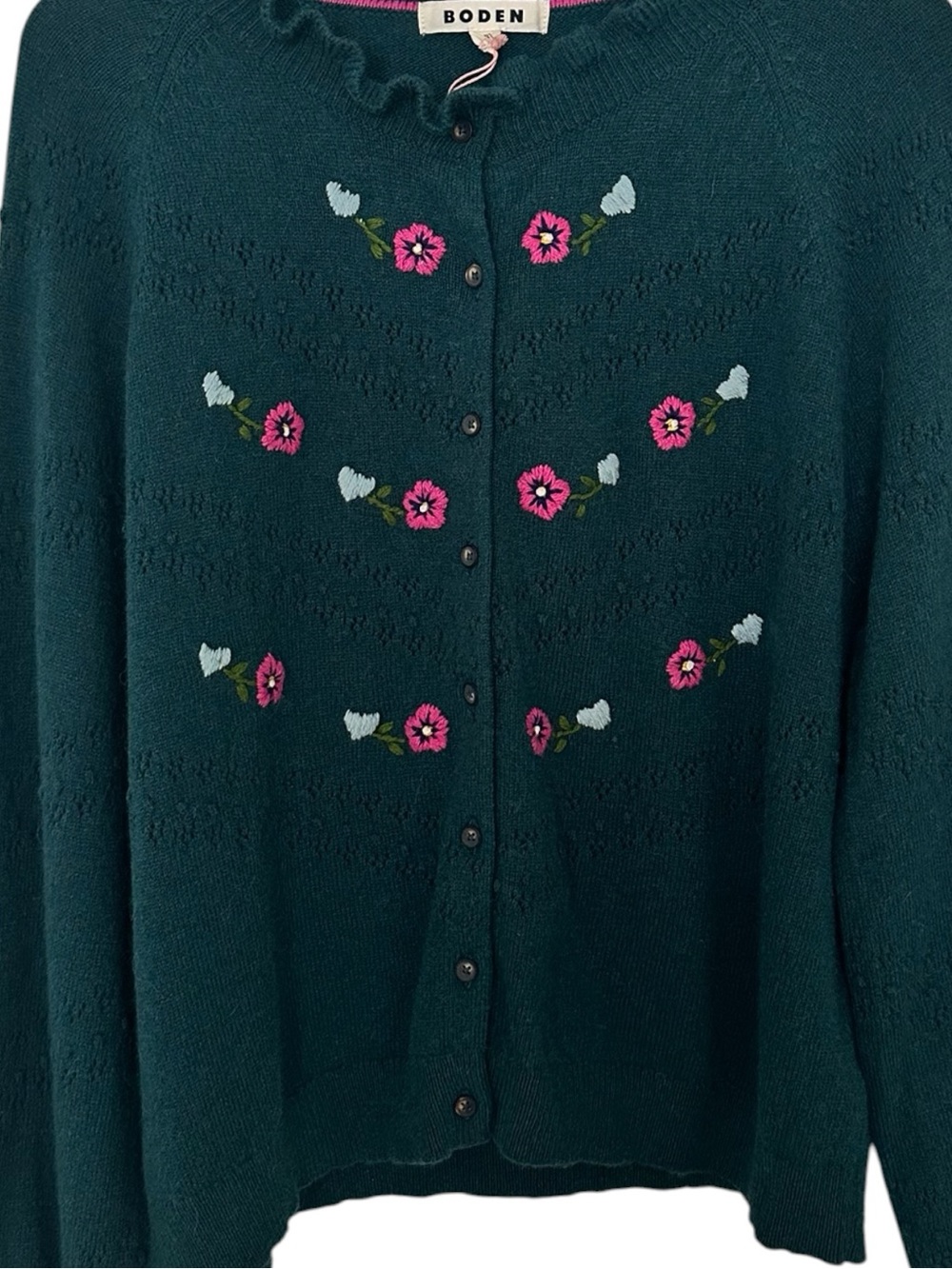 Boden New With Tags Fae Embroidered Fair Isle Cardigan Womens XL Green Pink - Picture 5 of 14